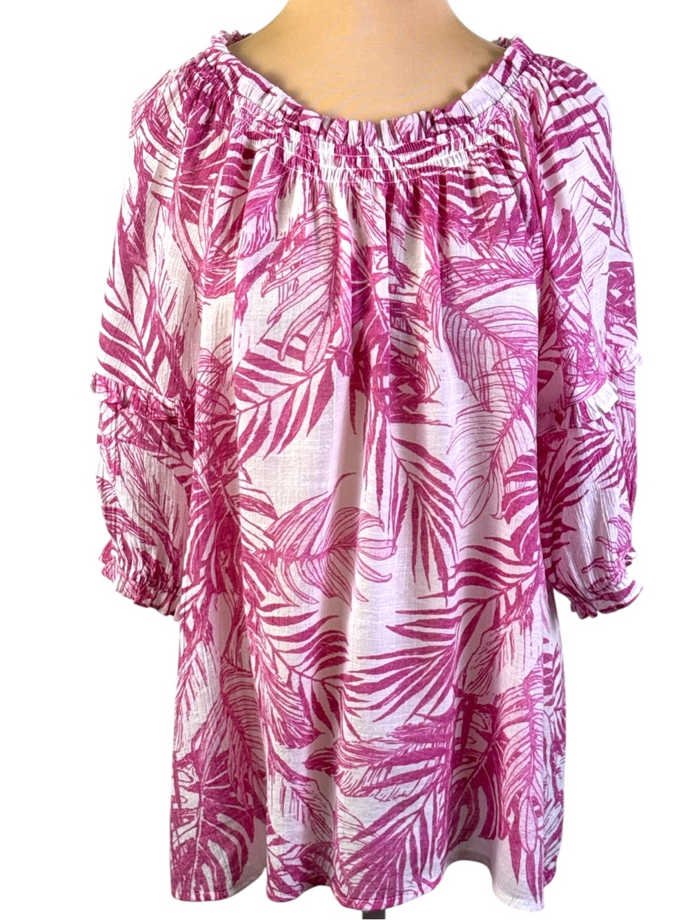 Nanette Lepore Pink and White Tropical Print Peasant Blouse